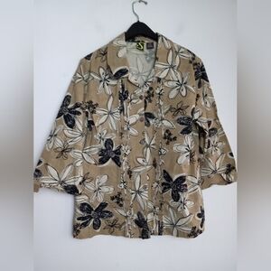 Spartelle Women Brown & Beige Floral 100% Linen Button Down Blouse size Large